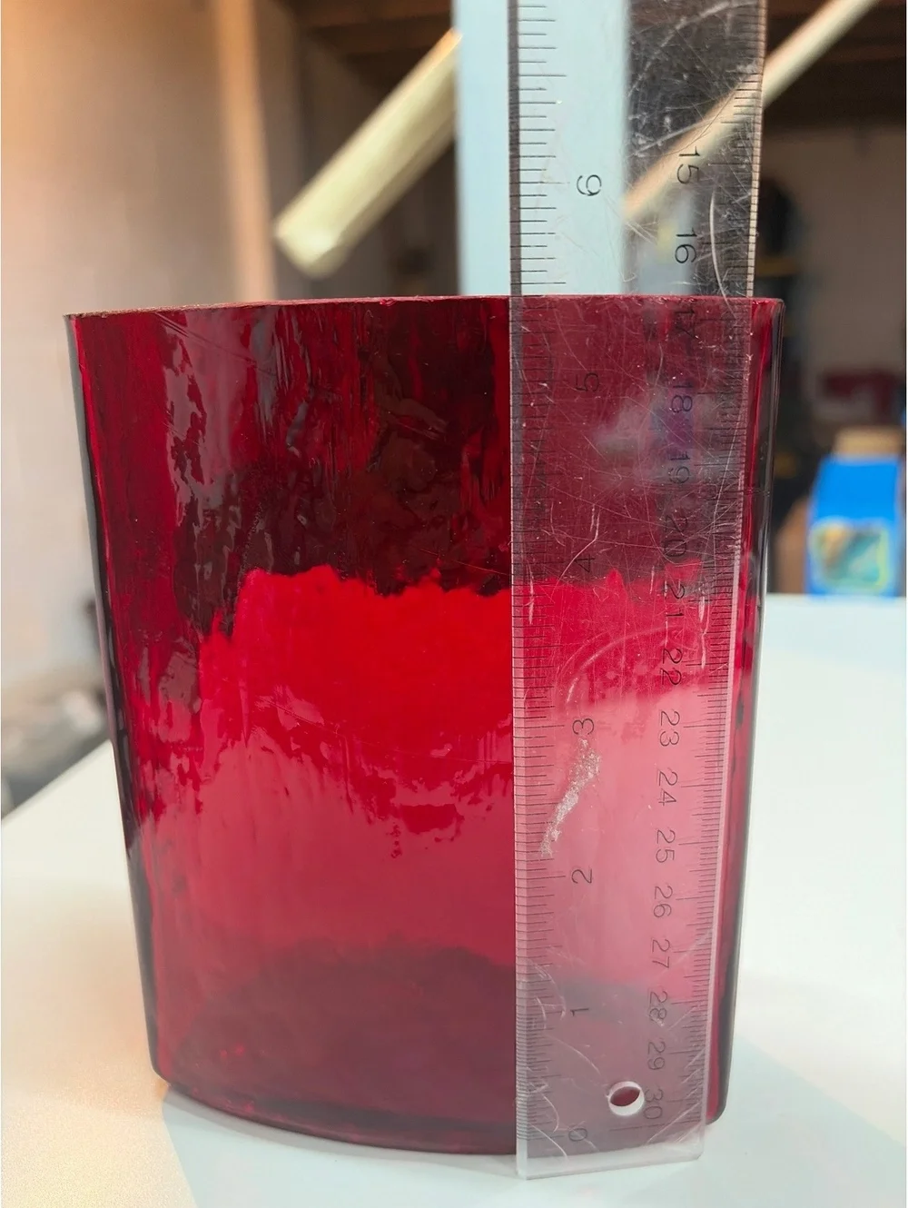 Ruby Red glass Rectangular Textured Vase 5.25”H